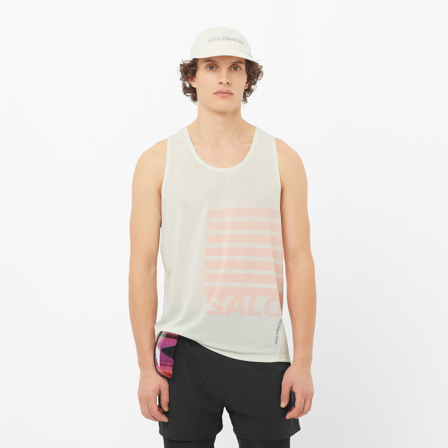 Salomon - T-shirts pour homme Sense Aero Singlet Gfx M - Icicle / Neon Flame - XL