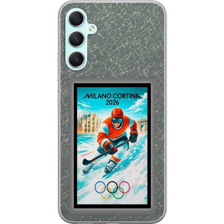 Yhteensopiva Puhelinkuori Samsung Galaxy A34 Curlingkuvitus pelaajilla ja kivillä jäällä, Milano Cortina 2026, lumisia roiskeita ja olympiasormukset