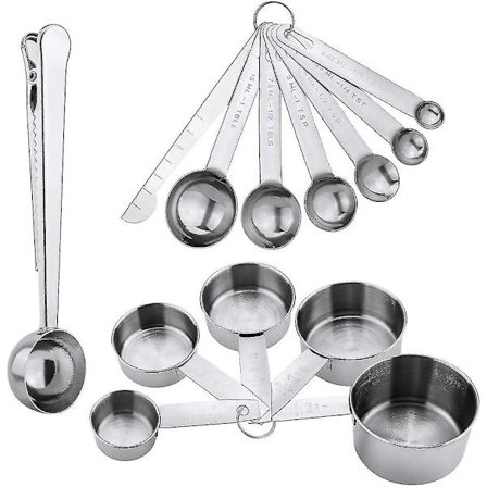 Måleske og -kop i rustfrit stål med målerulle, 5 kopper målekop 6 målegave
