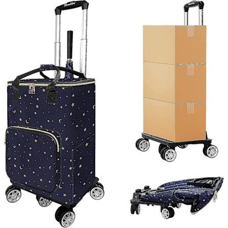 Indkøbsvogn med 5 drejehjul, sammenklappelig indkøbsvogn med stor vandtæt aftagelig taske & teleskophåndtag, trolley til dagligvarer og vasketøj