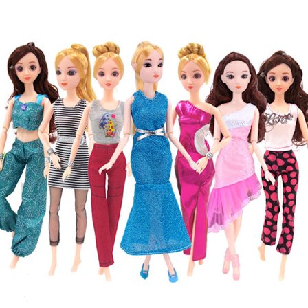 15-delt kostymedukke-sett med jeans, brudekjole, kjole og casual antrekk