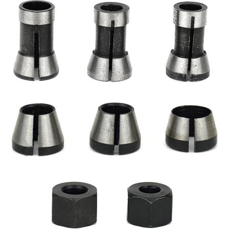 6 kpl Jyrsintäistukka, 6 mm 6,35 mm 8 mm:n holkkiistukka, puujyrsinistukka, jyrsimen istukka, kaiverruskoneen holkkisovittimet +2 mutteria