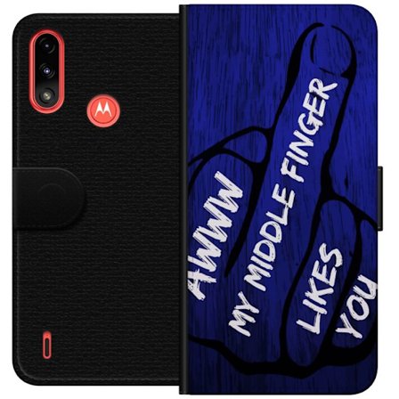 Kompatibelt Lommeboketui til Motorola Moto E7 Power Mørk typografisk illustrasjon med hjerteform og budskap om vennskap mot dyp blå tretekstur