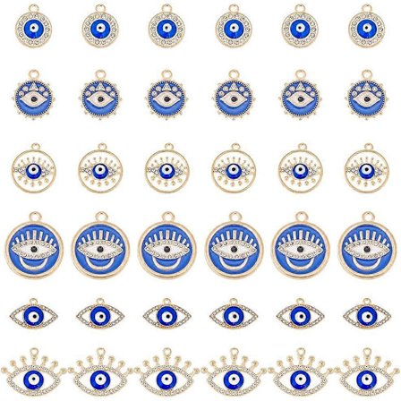 36 stk. 6 Stiler Onde Øye Rhinestone Charms Onde Øye Legering Anheng Emalje Øye Anheng Charms for DIY Halskjede Armbånd Øredobber Smykkelaging Hull: 