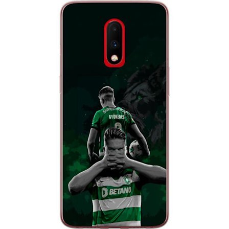 Yhteensopiva Puhelinkuori OnePlus 7 Neonmotiivi, jossa teksti "Gaming is in my DNA" sinisenä ja punaisena tiiliseinällä, jossa loistava DNA-spiraali.