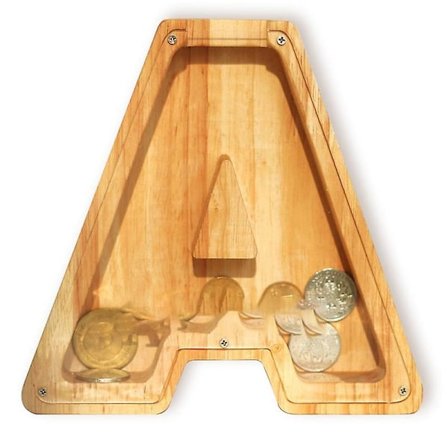 Sparebøsse i tre med monogram, stor bokstav, sparebank med initialer, bursdagsgave til barn A-z