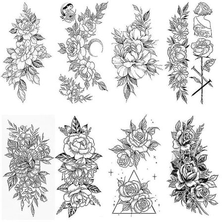 8 3d Sketch Flower Temporary Tattoo Art Arm Sketch Tattoo Stickers Waterproof Black Tattoo Sticker