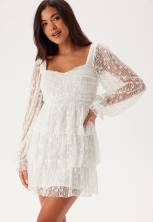 Bubbleroom Occasion - L/S Lace Frill Mini Dress - White - Kläder