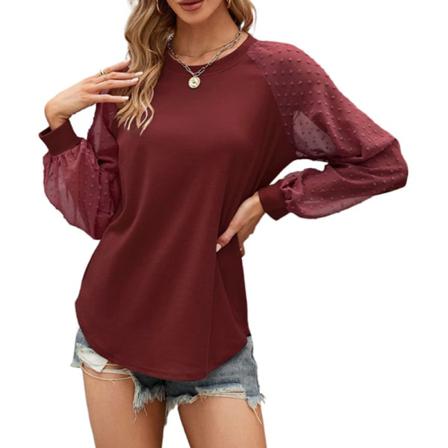 Swiss Dots Enfärgad T-shirt Med Rund Hals För Damer Chiffongtröja