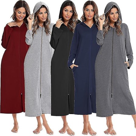Dame lang kappe hætte badekåbe lynlås op duster fuld længde massiv lomme Housecoat nattøj