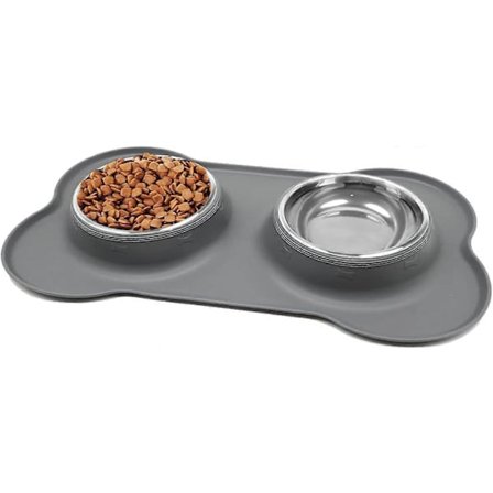 Hundeskåle Skridsikker Dobbelt Skål i Rustfrit Stål med Spildsikker Silikone Måttebakke til Katte Hunde Hvalpe Mad Vand Fodring (M, Grå)
