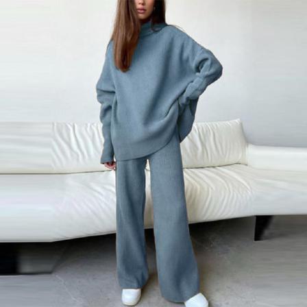 Dam Stickad Tvådelad Outfit Tröja Med Rund Hals + Byxor