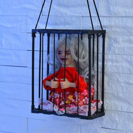 Bevægelsesaktiveret Halloween-dekoration, skrigende Halloween-bevægelsessensor-kranie-fangebur med lysende øjne, hjemsøgt hus-dekorationer