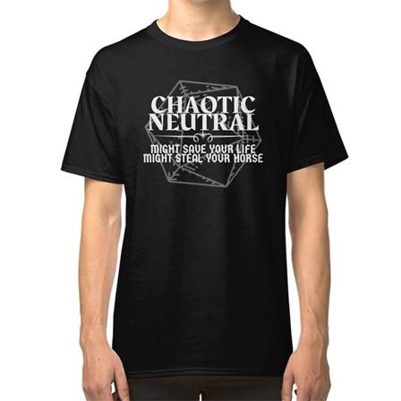 "Chaotic Neutral - Might Save Your Life. Might Steal Your Horse" T-shirt med DnD Character Alignment Print L