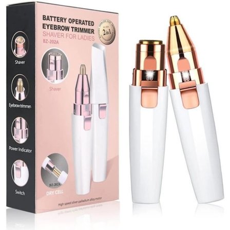 (hvid) 2-i-1 Fjernelse af ansigtshår, elektrisk øjenbrynstrimmer til kvinder med to hoveder til læber, næse og ansigt