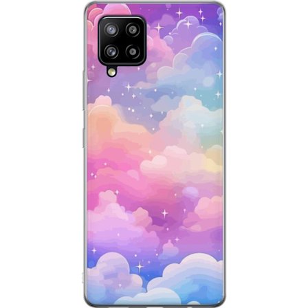 Kompatibelt Mobildeksel til Samsung Galaxy A42 5G Søt enhjørning med regnbuefarget hår mot en stjernebelagt pastellbakgrunn i kawaii-stil