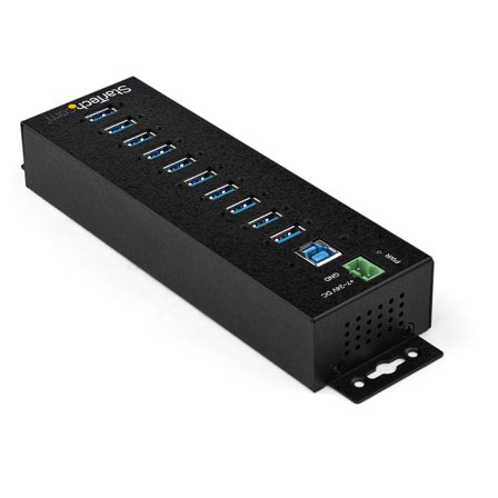 StarTech 10 Port USB Hub with Power Adapter, Surge Protection, Metal Industrial USB 3.0 Data Transfer Hub, Din Rail, Wall or Desk Mountable, High