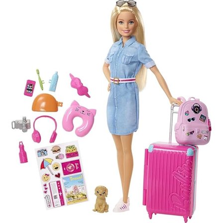 Barbie dukke og reisesett, med valp, koffert og 10+ tilbehør