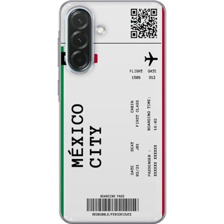 Samsung Galaxy A36 Gennemsigtig cover Mexico City boarding pass design med flyoplysninger, flag og QR-kode. Rejseinspireret motiv perfekt til globetro