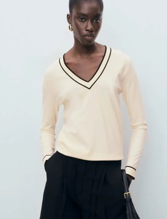 Mango Contrasting V-Neck Sweater - Cream - XS