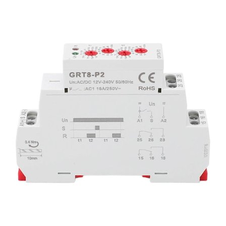 Pulssilähtöinen aikarele, minikoko, DIN-kiskoasennus, ABS-palonestoaineesta valmistettu kuori, rele AC DC 12V?240V