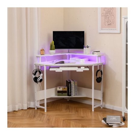 COSTWAY Kulmapöytä Latausasema-LED- Näppäimistötaso - Näyttötuki Koukut ja Hylly, 80x80x88cm Valkoinen