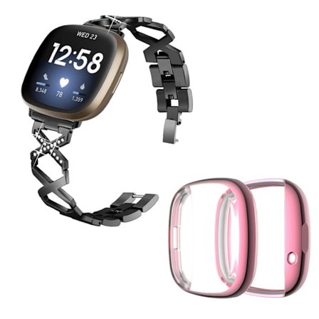 Fitbit Sense / Versa 3 X-formad klockrem med strassdekor och rosa fodral - Svart