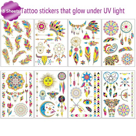 Tatoveringsklistermærker der lyser under UV-lys, 80 glitterstile Mandalaer Fjer Elefanter Horn Partydekoration til voksne børn