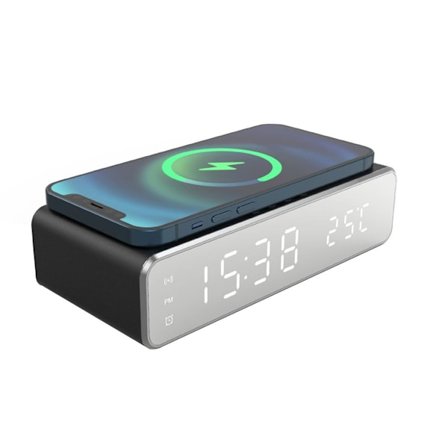 5W Elektrisk Vekkerklokke Sklisikker Digitalt Termometer Klokke Multifunksjonell Trådløs Lade Vekkerklokke for Soverom Møte Reise