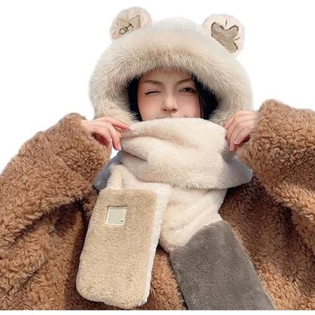 Vinterhue til kvinder, Vinterhue, Vinterhue til kvinder med hætte, Sødt tegneserieprint, Halstørklædelommer og handsker, 60x80cm