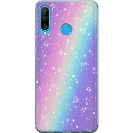 Kompatibelt Mobildeksel til Huawei P30 lite Rainbow-farget pastellbakgrunn med hvite stjerner og gnistrende prikker i myk overgang