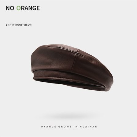 Beret i skinn, dame høst/vinter hatt i britisk retrostil, kaffe
