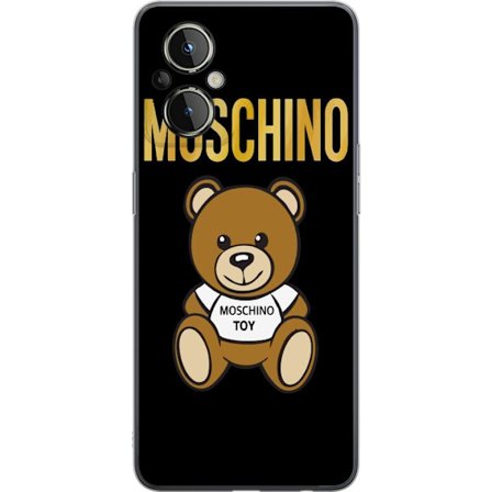 Kompatibelt Mobilskal till OnePlus OnePlus Nord N20 5G Moschino-inspirerad nallebjörn med text på tröjan, centrerad mot svart bakgrund med tydlig m