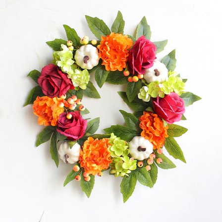 Konstgjord höstkrans, 16" skördekrans ytterdörr prydd med rödgröna pumpor lönnlöv, höst utomhuskrans för Thanksgiving inomhus n