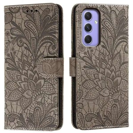 Samsung Galaxy S26 Plånboksfodral Spetsblommor Konstläder Flip - Grå