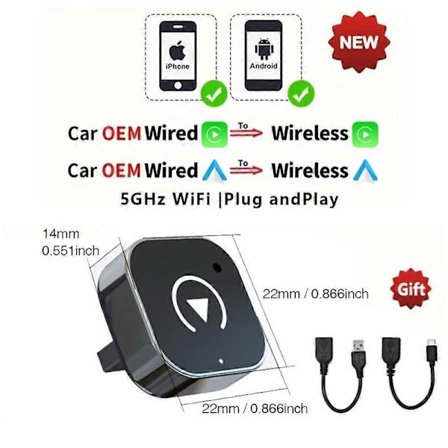 Uusi langaton CarPlay/Android Auto -sovitin Android iPhone -autoyhteyskotelolle, langallinen langattomaan Smart AI Box USB -dongle Plug And Play Un[