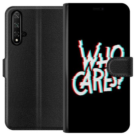 Yhteensopiva Lompakkokotelo Honor 20 Glitch typografia, jossa teksti "who cares" on punaisella ja syaanilla mustalla minimalistisella taustalla.