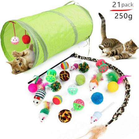 Katt leksaker Olika kombination leksaker Roliga katt mus klocka boll och fjäder set med 21 slumpmässig färg