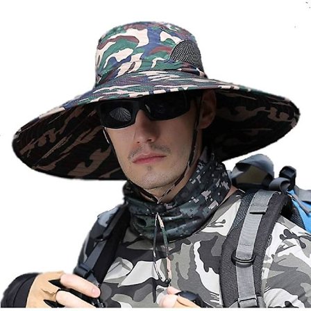 Erittäin leveälierinen aurinkohattu miehille. Ulkoiluun sopiva kalastus- ja retkeilyhattu, vedenpitävä, Yetsye, hengittävä verkkomateriaali