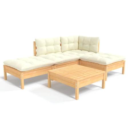 Vidaxl Loungegrupp Med Gräddvita Dynor 5 Delar Massiv Furu Creme