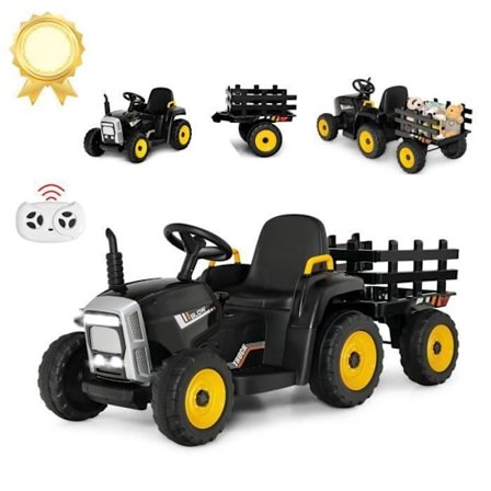 COSTWAY 12V elektrisk traktor för barn med 6 däck - Grävmaskin, avtagbar släpvagn, LED, Musik - 2,4G fjärrkontroll, 3-8km/h, Svart