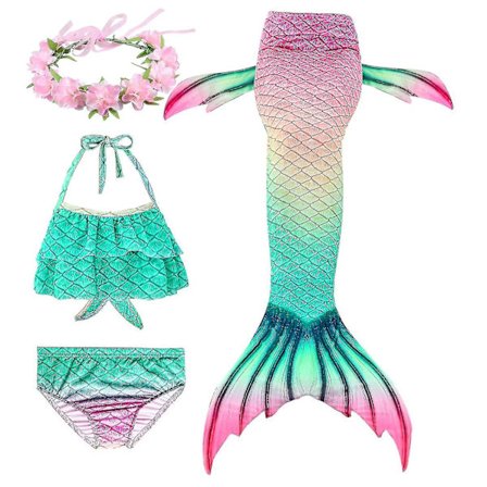 Kids Girls Mermaid Tail Bikini Set Swimwear Swimsuit Swimming Costume Included Garland Headband