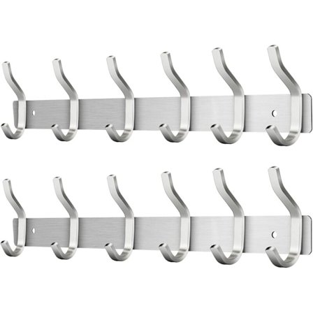 Kleshenger i rustfritt stål, kleshengeskinne for vegg med 6 kroker, klesstativ for vegg, klesstativ for soverom, bad, kjøkken (sølv, 6 kroker, 2 stk)