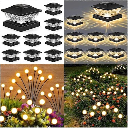 8-pack Solcellslampor för Staketstolpar + 4-pack Utomhus Solcellsdrivna Eldflugslampor för Trädgården -T