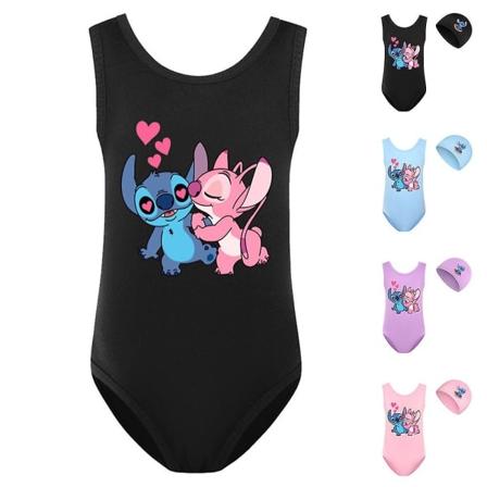 Lilo & Stitch Badetøy for Jenter - Tegneserie Endelt Badetøy med Caps for Sommerstrandferie, Basseng, Surfing, Svart, 13-14 År, Blackjx Black 13-