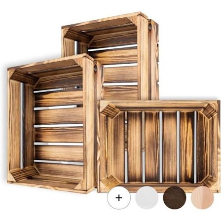 Kreativt dekorationssæt med 3 flammede trækasser | 40 x 30 x 15 cm | Opbevaringsboks i træ | Vintage trækasse | Trækasse