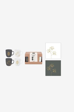 Paperproducts Design - Gavesett krus 4 stk 35 cl + Serviett Pure Leaves & Berries - Grå - Kopper & krus - Fra Homeroom