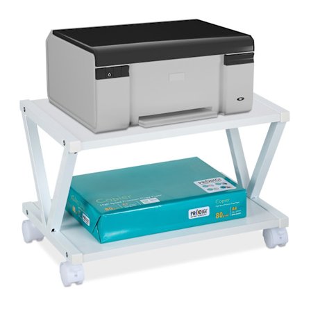 Rullbart skrivarställ med hjul och hyllor