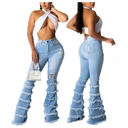 Trendy vaskede hulsplejsede elastiske flarebukser til kvinder