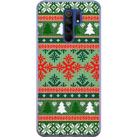 Xiaomi Redmi 9 Genomskinligt Skal Julinspirerat stickmönster i rött, grönt och vitt med snöflingor, hjärtan och granar som skapar klassisk och my